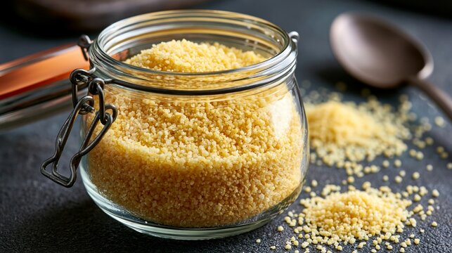 Jar of uncooked couscous sits on a dark surface.