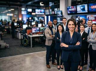 Fototapeta premium Diverse television newsroom team standing in modern broadcast studio, led by female news anchor, with journalists, producers, camera operators, and media professionals.