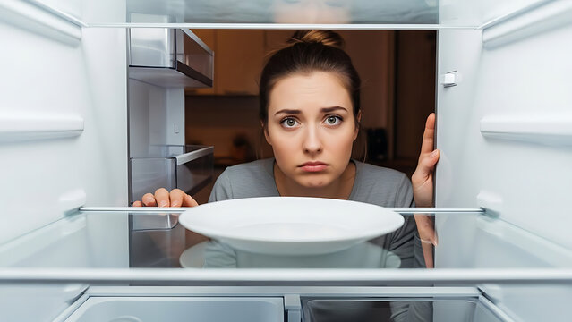 Hungry young woman searching for food inside an open glowing refrigerator finding only a single empty ceramic plate, concept of scarcity, dieting, or late night kitchen snack searching.