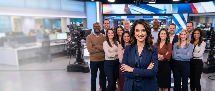 Diverse television newsroom team standing in modern broadcast studio, led by female news anchor, with journalists, producers, camera operators, and media professionals.