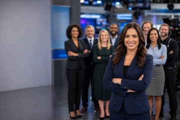 Fototapeta premium Diverse television newsroom team standing in modern broadcast studio, led by female news anchor, with journalists, producers, camera operators, and media professionals.