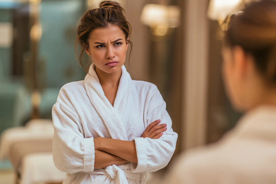  W&uuml;tende Kundin im Bademantel mit verschr&auml;nkten Armen beschwert sich beim Personal im Massageraum. Unzufriedener Gast, Massage-Verz&ouml;gerung und Konzept f&uuml;r schlechten Service im Spa.