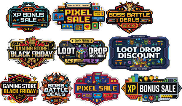 Gaming sale banners with pixel art and bright colors