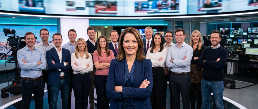 Diverse television newsroom team standing in modern broadcast studio, led by female news anchor, with journalists, producers, camera operators, and media professionals.