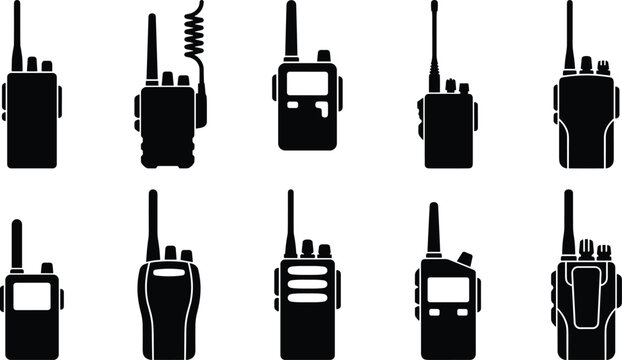 Portable two-way radio silhouette collection featuring handheld walkie talkies, communication devices, emergency transmitters, and wireless radio equipment icons