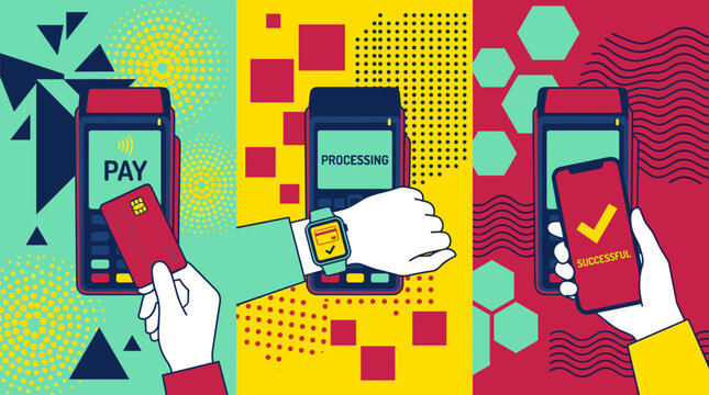 Hands holding mobile phones for payment.