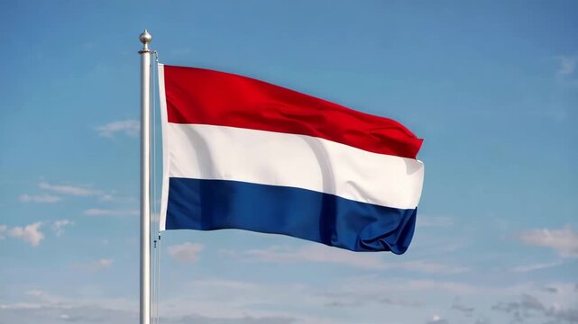Dutch flag waving in the wind against a bright blue sky, vertical video featuring vibrant national colors, patriotic atmosphere and realistic fabric movement