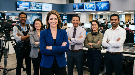 Obraz premium Diverse television newsroom team standing in modern broadcast studio, led by female news anchor, with journalists, producers, camera operators, and media professionals.