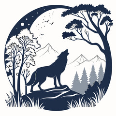 Wolf howling at the moon in forest mountain landscape circle illustration with mountain wildlife silhouette wilderness landscape adventure © Atiq