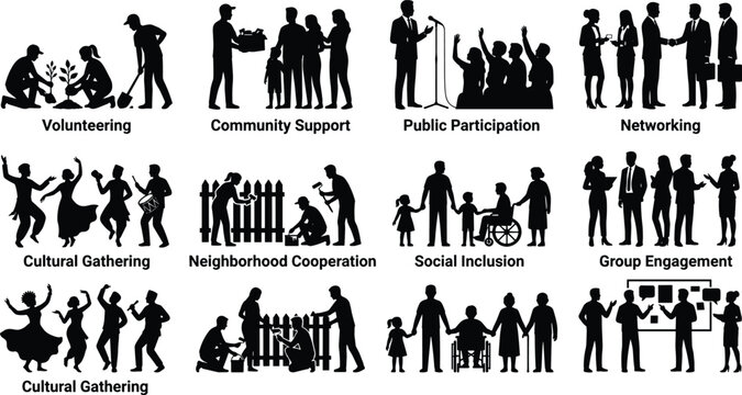 Community silhouettes icon set featuring volunteering community support public participation networking cultural gathering neighborhood cooperation social inclusion and group engagement