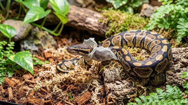 Ball python shedding skin in natural habitat with greenery and textured bark. Shedding process reveals fresh scales on ball python, showcasing its natural beauty and growth cycle.