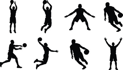 Basketball Player Silhouettes Set with Diverse Action Poses Including Dribbling Shooting Slam Dunking Passing and Celebrating Winning © MdAlamgir