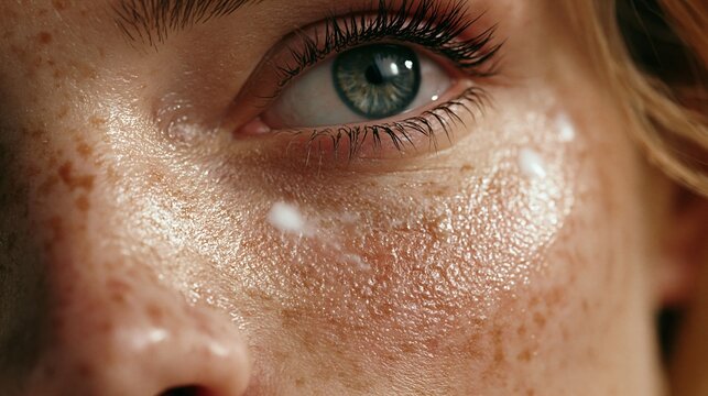 Close-up of an eye with freckles and eyelashes