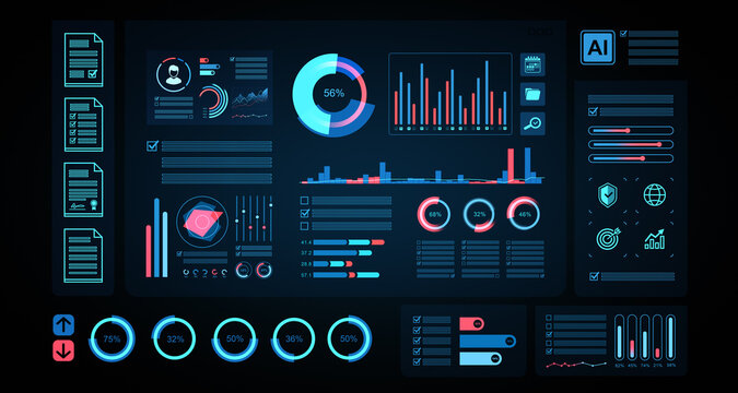 Futuristic analytics dashboard with neon data charts and UI elements glowing over dark interface background in modern tech style. 3D Rendering