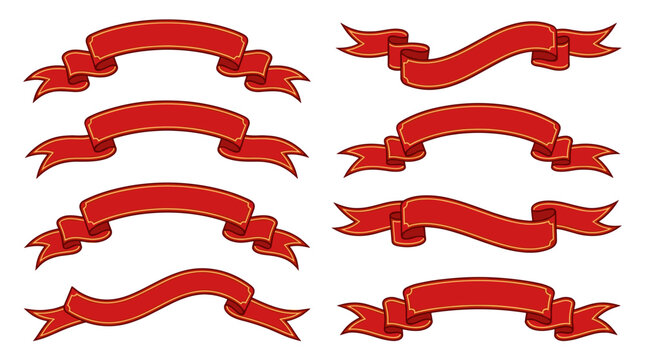 Ribbons and paper scroll icons featuring icons with  arranged on a white background