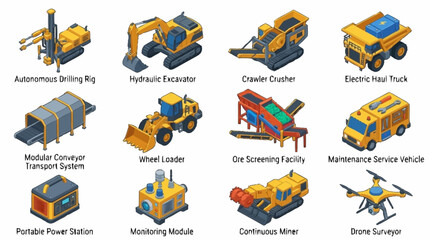 Colorful Isometric Construction Equipment and Vehicles Collection. © Bunga