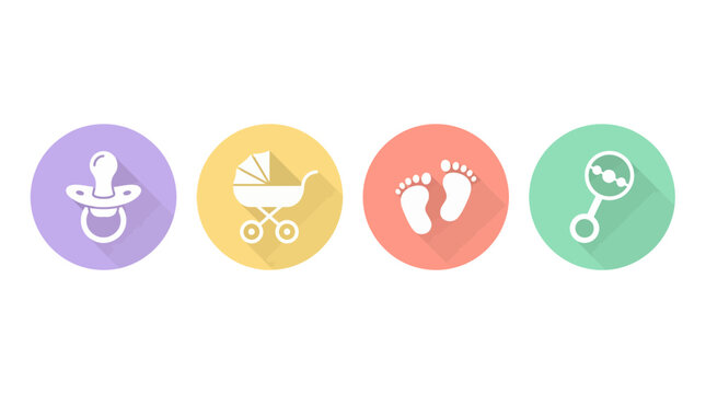 Four pastel-colored circular icons with baby essentials including a pacifier, stroller, footprints and rattle on a white background, symbolizing newborn care and baby shower celebrations