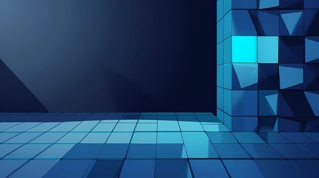 3D abstract blue cube interior background, geometric block wall with copy space for product display.