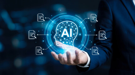Fototapeta premium Businessman holding glowing artificial intelligence hologram representing document search and smart data analysis technology