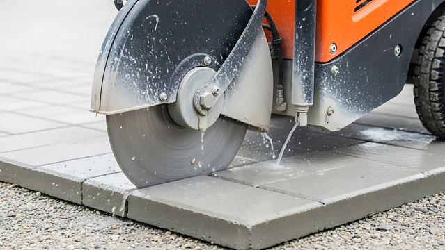 Industrial Power Tool Equipment Circular Diamond Blade Saw Slicing Through Hard Concrete Paving Slab Closeup View Professional Construction Masonry Work Machine Process