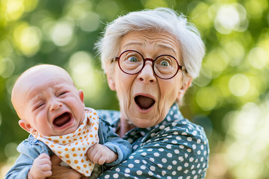  Funny portrait of a shocked and stressed grandmother holding a loudly crying baby in the park. Overwhelmed senior woman unable to calm an upset infant outdoors