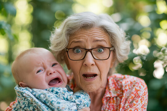 Close-up portrait of an overwhelmed and shocked grandmother holding a loudly crying baby outdoors. Stressed senior woman, difficult babysitting, and generation gap concept