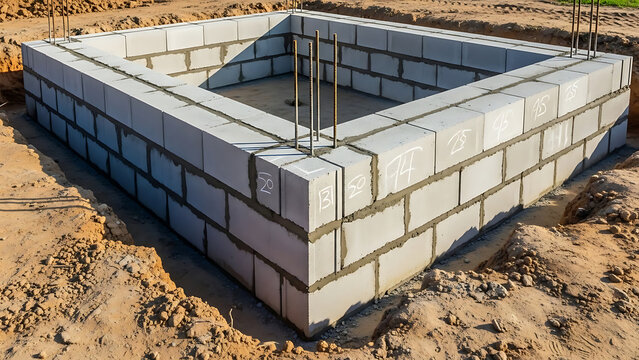 Construction of a solid strip foundation for a new building using precast concrete blocks, demonstrating structural engineering and heavy masonry work on a residential development site project.