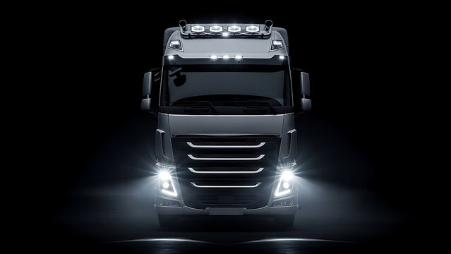 Sleek modern truck featuring glowing headlights in striking detail isolated against a dark contrasting black backdrop with luxury chrome accents and elegant automotive design lighting.