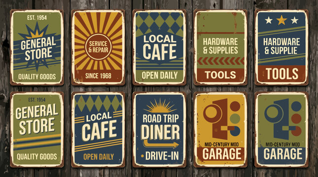 Ten vintage distressed metal signs with retro business ads are displayed on a rustic wooden background, symbolizing classic Americana nostalgia, representing small town services and design themes
