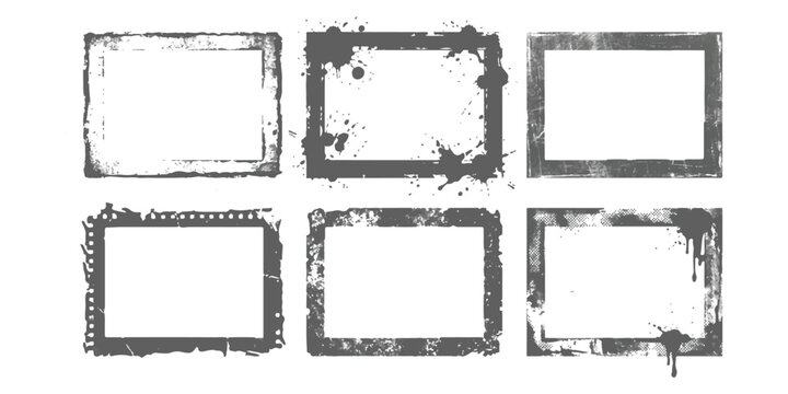 Set of six rectangular grunge frames with ink splatters and distressed borders