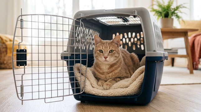 Pet carrier door open with cat inside cozy crate in living room. Cat enjoys comfortable blanket inside pet carrier with warm light illuminating peaceful room.