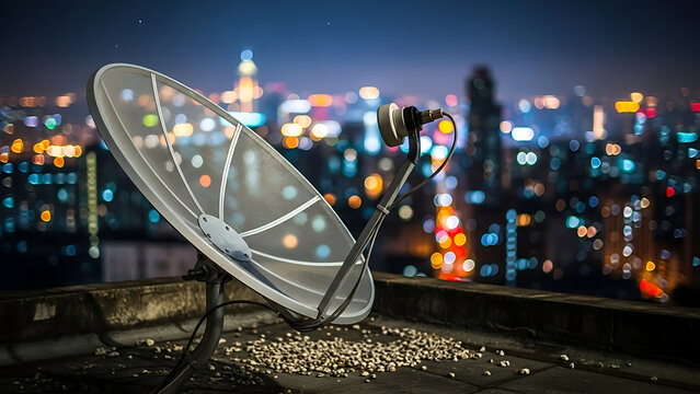 Advanced parabolic antenna installed on metropolitan rooftop receiving wireless telecommunication signals against nocturnal urban skyline with luminous bokeh light effect.