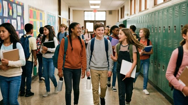 Teenagers walking in a school hallway.
