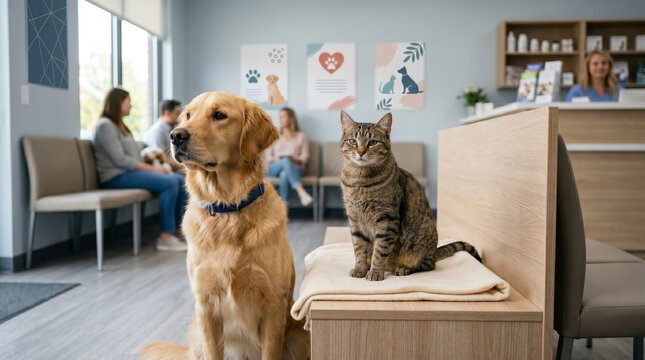 Cat and dog waiting in veterinary clinic sitting together in reception area with pet owners in background. Veterinary clinic atmosphere includes warm colors and comfortable seating for pet owners.