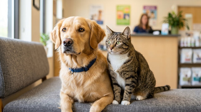 Dog and cat waiting in veterinary clinic for checkup appointment. Dog sits on couch beside cat, both looking calm. Veterinary clinic environment conveys care for pets in waiting area.