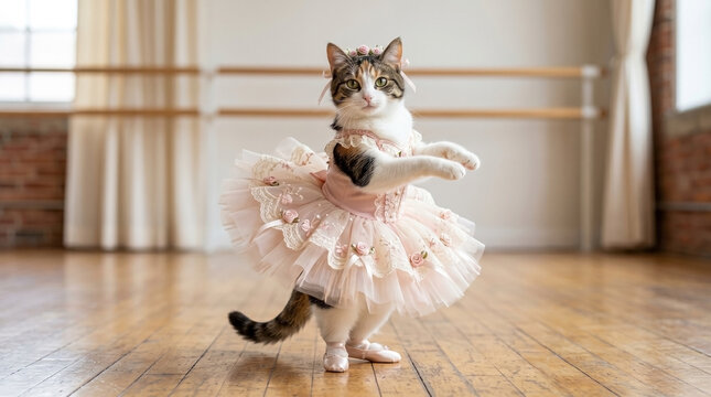Cat ballet dancer in pink tutu poses gracefully in studio with wooden floor. Adorable cat ballet dancer showcases elegance with tiny ballet shoes and charming outfit