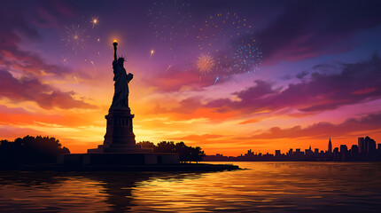 Fototapeta premium Dramatic silhouette of the Statue of Liberty against a vivid orange and purple gradient