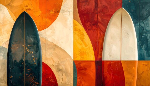 Tablas de surf apoyadas sobre pared con dise&ntilde;o abstracto de formas geom&eacute;tricas y colores c&aacute;lidos
