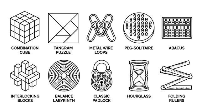 Collection of classic logic puzzles and brain teaser icons in thin line style.
