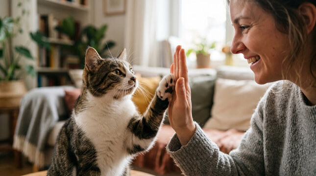 Woman&rsquo;s hand receives cat high five from tabby feline, showing playful pet interaction, strong bond. Cat high five moment conveys happy companionship. Concept cat high five for pet advertising.