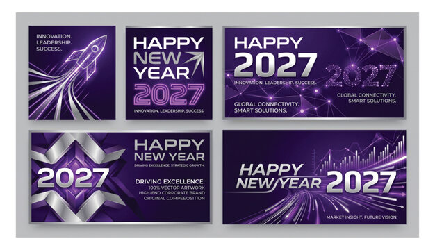 Happy new year 2027 corporate greeting templates in purple with rocket innovation and global connection concepts corporate greeting template innovation connection business technology