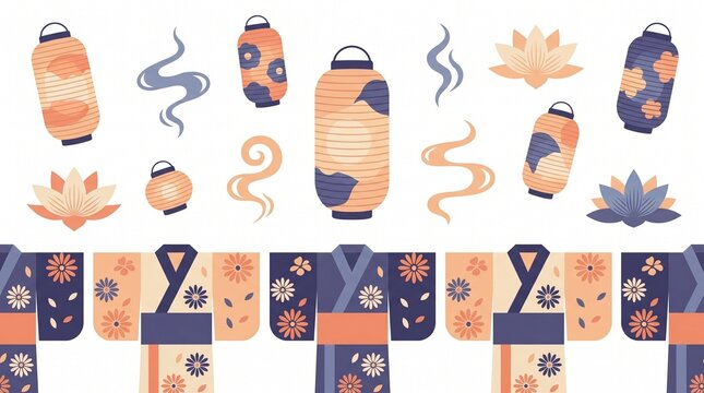 Traditional Japanese culture collection with colorful lanterns, lotus flowers, and kimono garments vector illustration