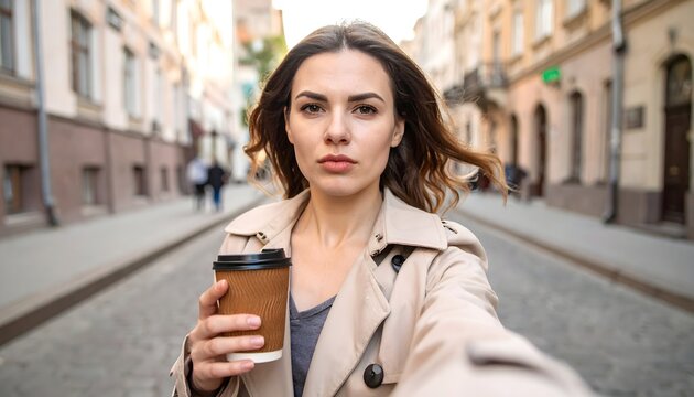 Mujer joven caminando por una calle urbana con caf&eacute; para llevar en retrato de estilo de vida moderno