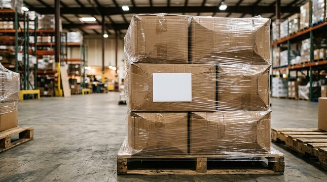 Cardboard boxes on a pallet wrapped in plastic film inside a large industrial warehouse