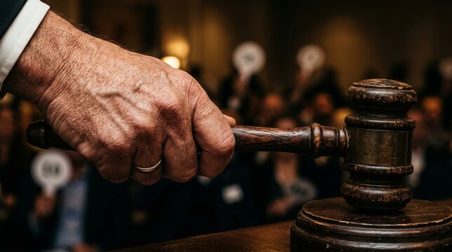Close-up of Auctioneer Hand Holding Gavel during Public Auction