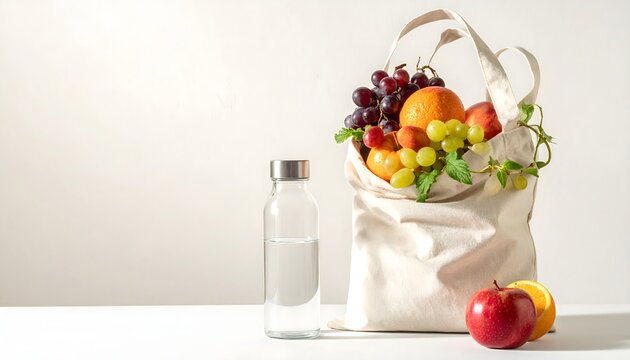 Bolsa de tela con frutas frescas y botella reutilizable sobre fondo claro en concepto de compra sostenible