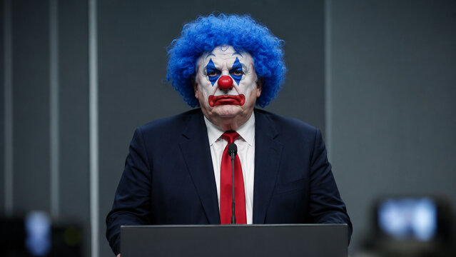 Elderly politician with clown makeup and blue hair speaking at a press conference, symbolizing concerns about leadership, aging, power, public trust, and political spectacle.