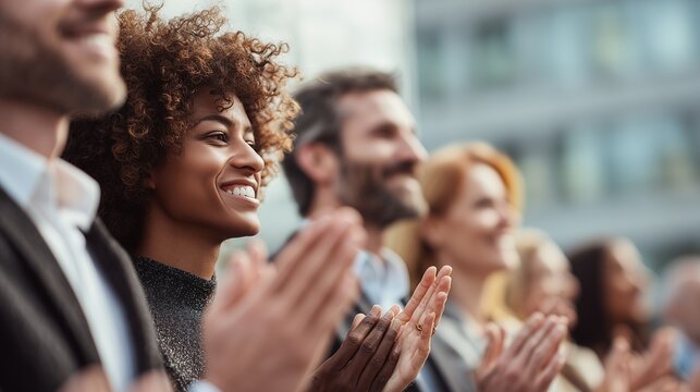 Diverse group of smiling business people celebrating achievement and showing appreciation, applauding at an outdoor business conference or team building event