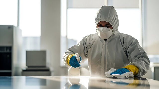 Professional cleaner wearing protective white coverall and blue latex glove disinfecting wooden tabletop with chemical spray bottle and microfiber cloth in modern bright office interior.