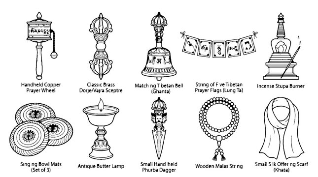 Collection of Tibetan Buddhist Ritual Objects and Sacred Symbols in Line Art Style.